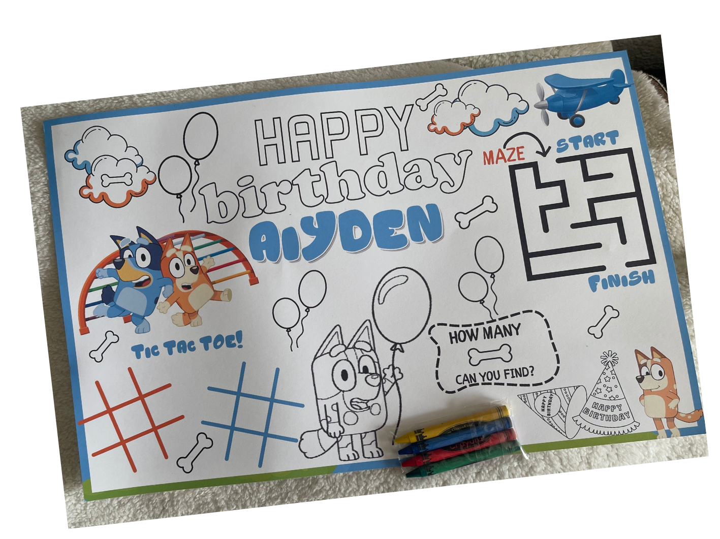 Birthday Party Coloring Placemats or Activity Mats for kids 8.5X11